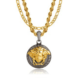 Gold & Gun Metal Medusa Pendant & Figaro Chain Set - VIRAGE London, 3512