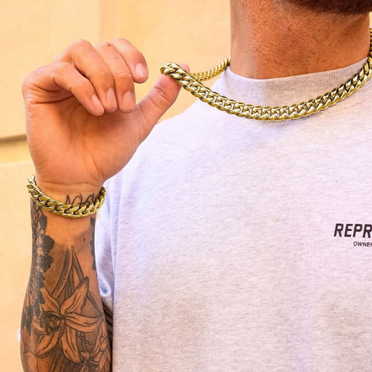 Gold Cuban Chain & Bracelet Set 12mm - VIRAGE London, 70010001011225