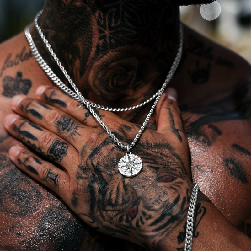 Silver Compass Pendant & Cuban Chain Set - VIRAGE London, 11