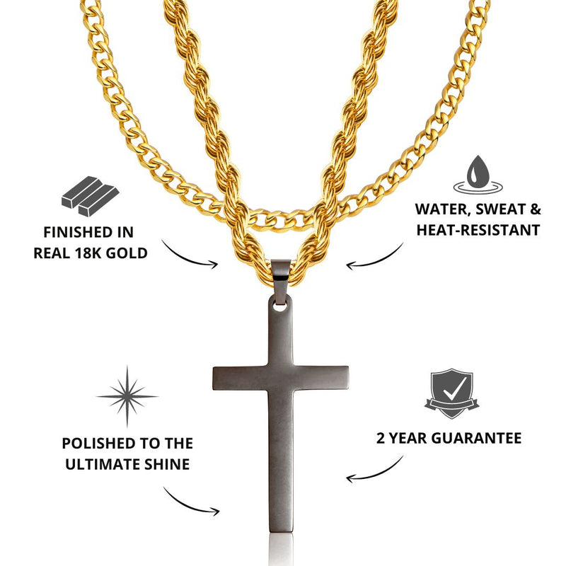Gun Metal & Gold Cross Pendant & Cuban Chain Set - USPs - VIRAGE London, 6701