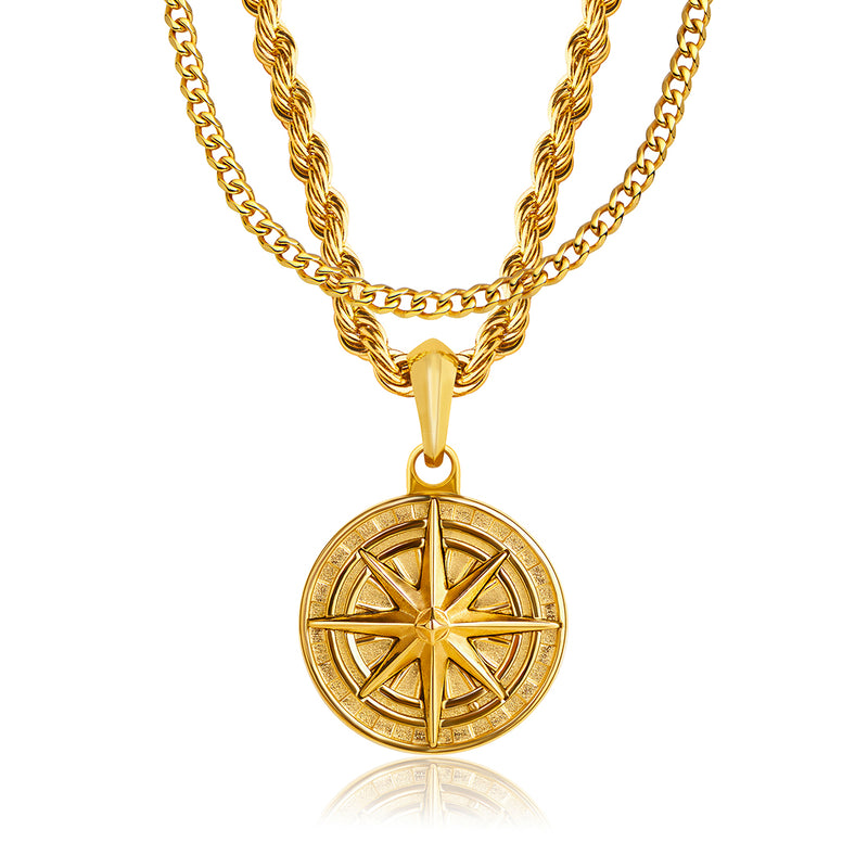 Gold Compass Pendant & Cuban Chain Set - VIRAGE London, 101