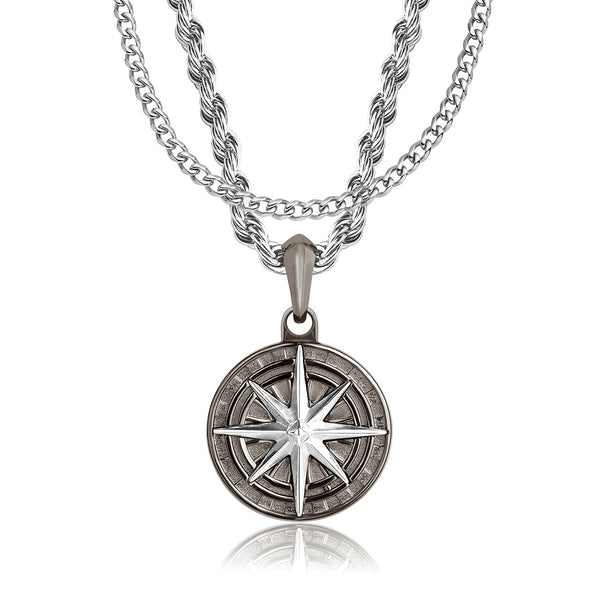 Gun Metal & Silver Compass Pendant & Cuban Chain Set - VIRAGE London, 2101