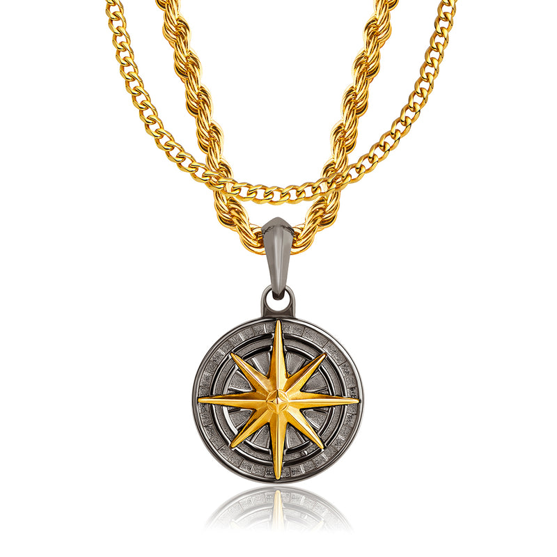 Gun Metal & Gold Compass Pendant & Cuban Chain Set - VIRAGE London, 2412