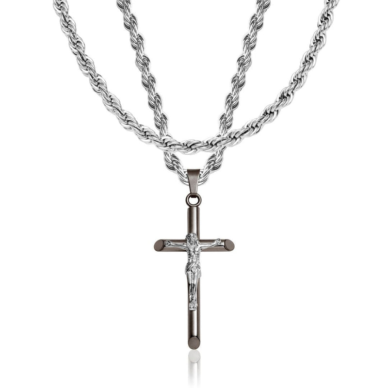 Gun Metal & Silver Crucifix Pendant & Rope Chain Set - VIRAGE London, 2033