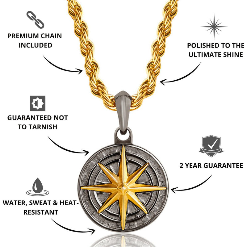 Gun Metal & Gold Compass Pendant - USPs - VIRAGE London