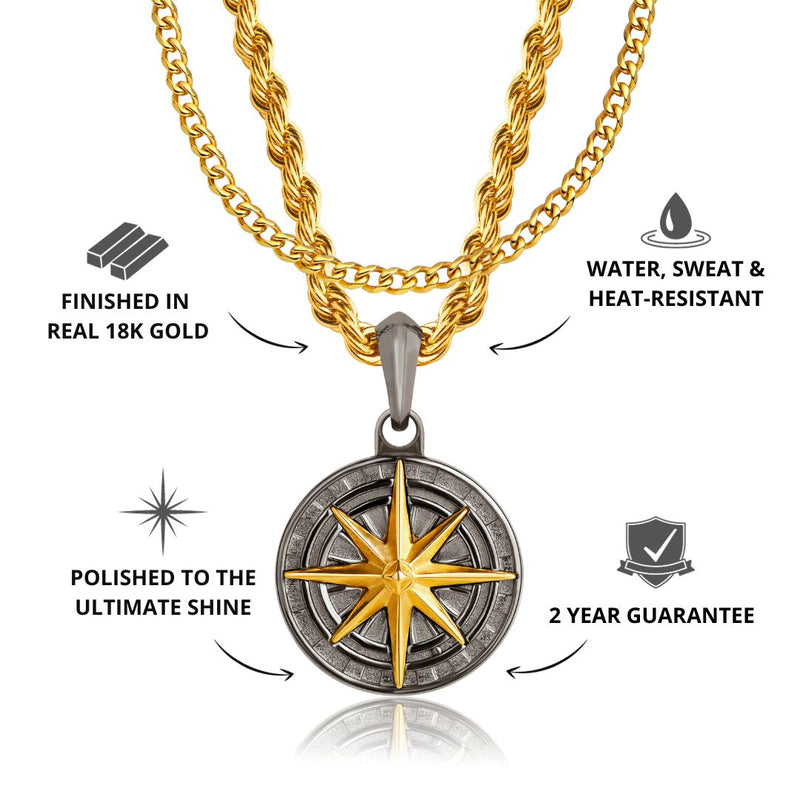 Gun Metal & Gold Compass Pendant & Cuban Chain Set - USPs - VIRAGE London, 2412