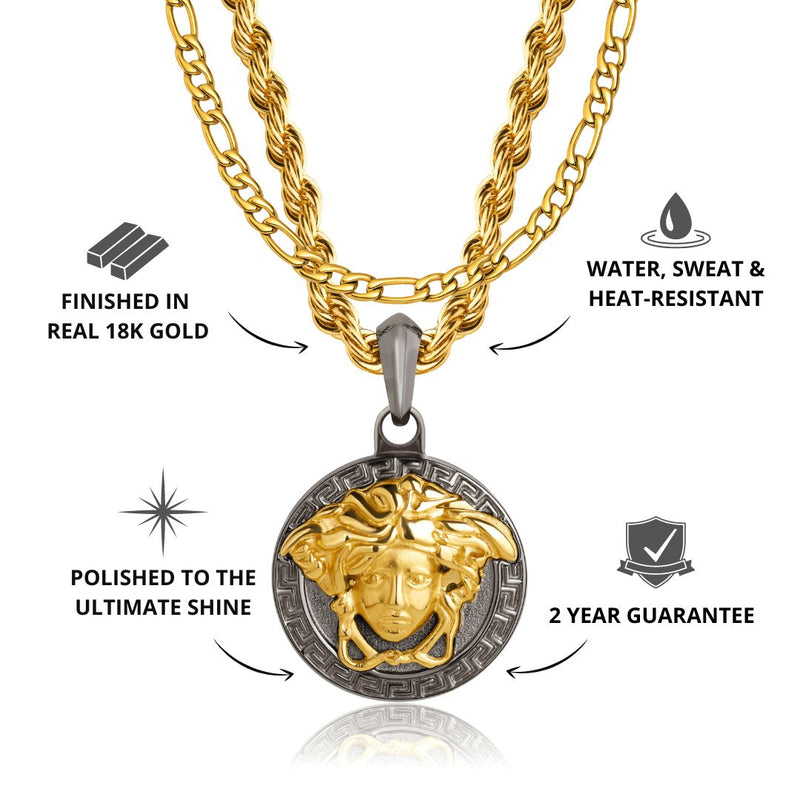 Gold & Gun Metal Medusa Pendant & Figaro Chain Set USPs - VIRAGE London, 3512