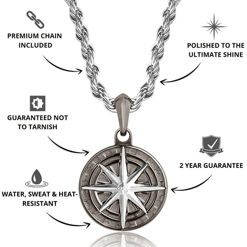 Gun Metal & Silver Compass Pendant - USPs - VIRAGE London