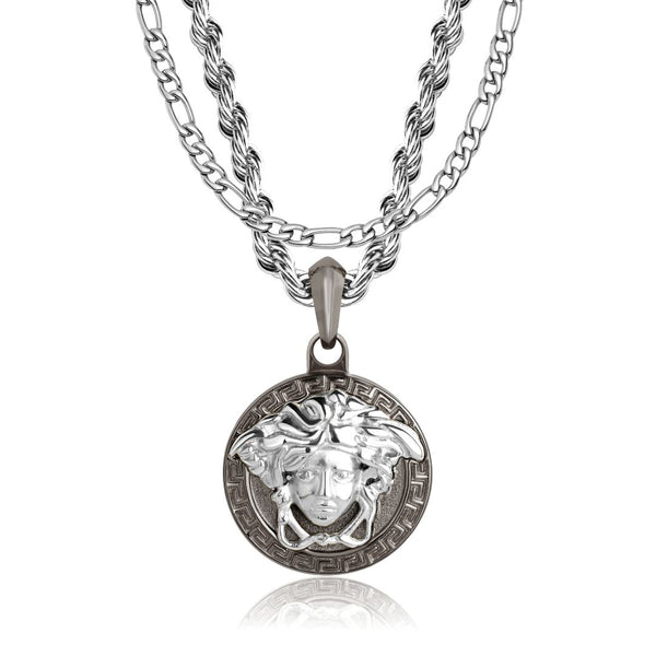 Silver & Gun Metal Medusa Pendant & Figaro Chain Set - VIRAGE London, 2901