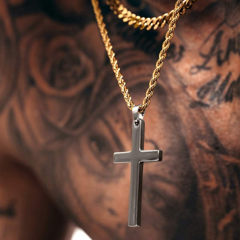 Gun Metal & Gold Cross Pendant & Cuban Chain Set - VIRAGE London, 6701