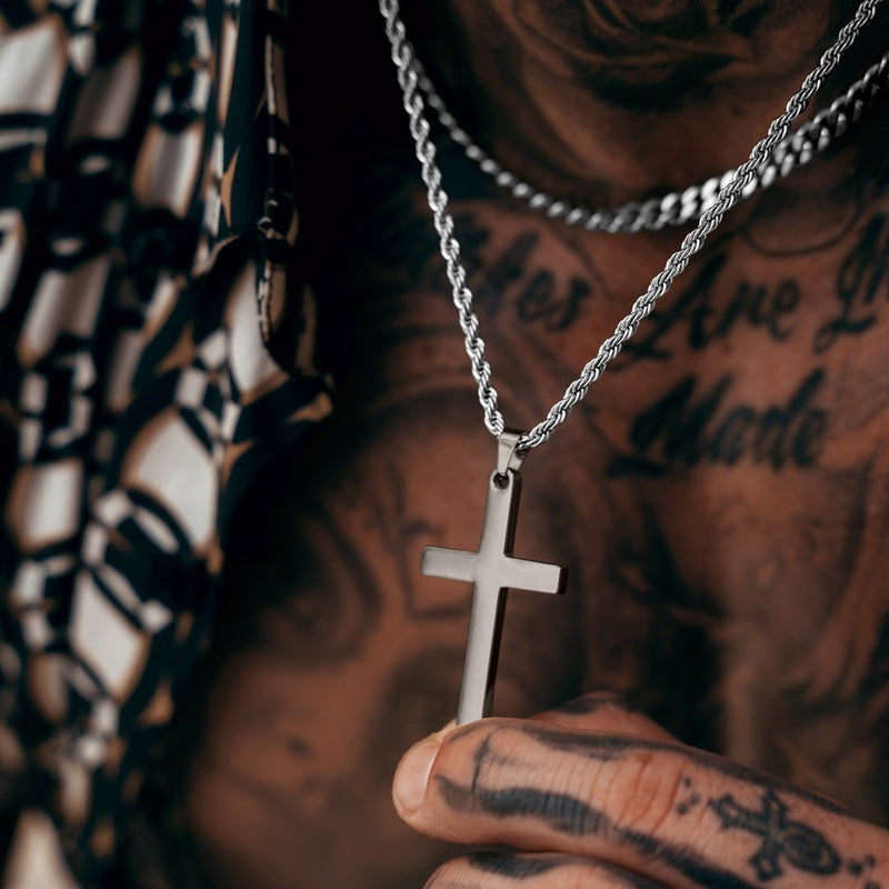 Gun Metal & Silver Cross Pendant & Cuban Chain Set - VIRAGE London, 6801