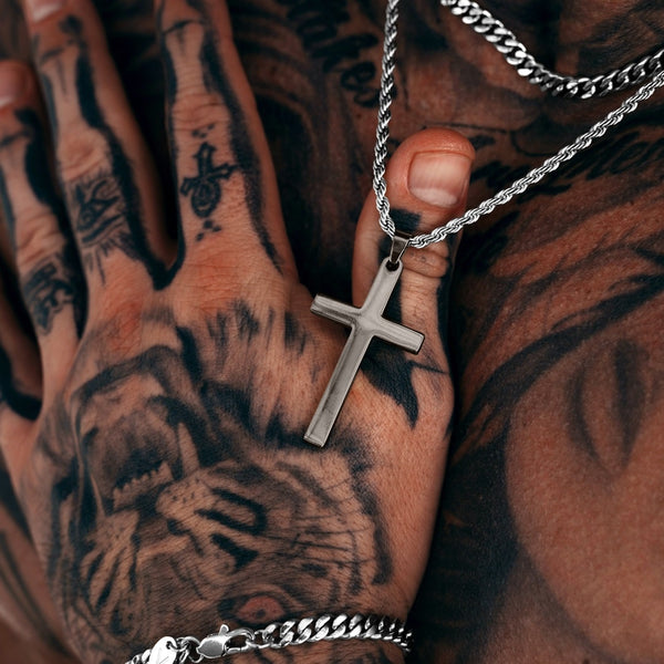 Gun Metal & Silver Cross Pendant & Cuban Chain Set - VIRAGE London, 6801