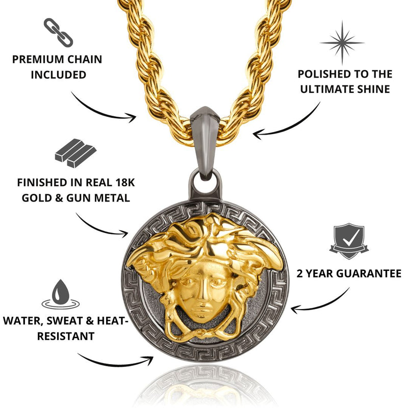 Gun Metal & Gold Medusa Pendant - USPs - VIRAGE London