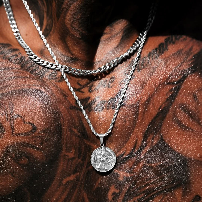 Chris Chain Men's Silver St Christopher x Cuban Set | VIRAGE London