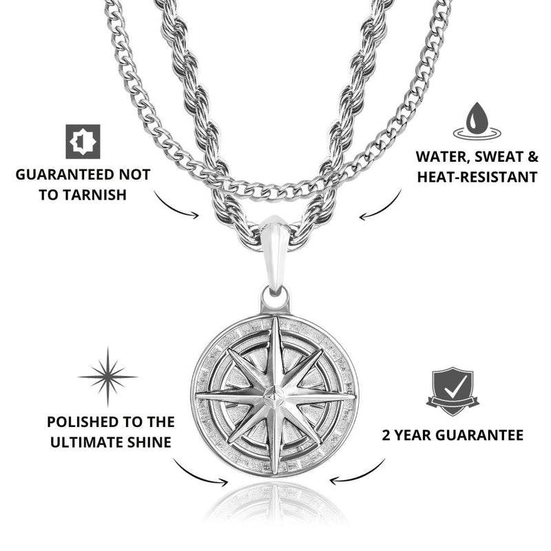 Silver Compass Pendant & Cuban Chain Set - USPs - VIRAGE London, 11