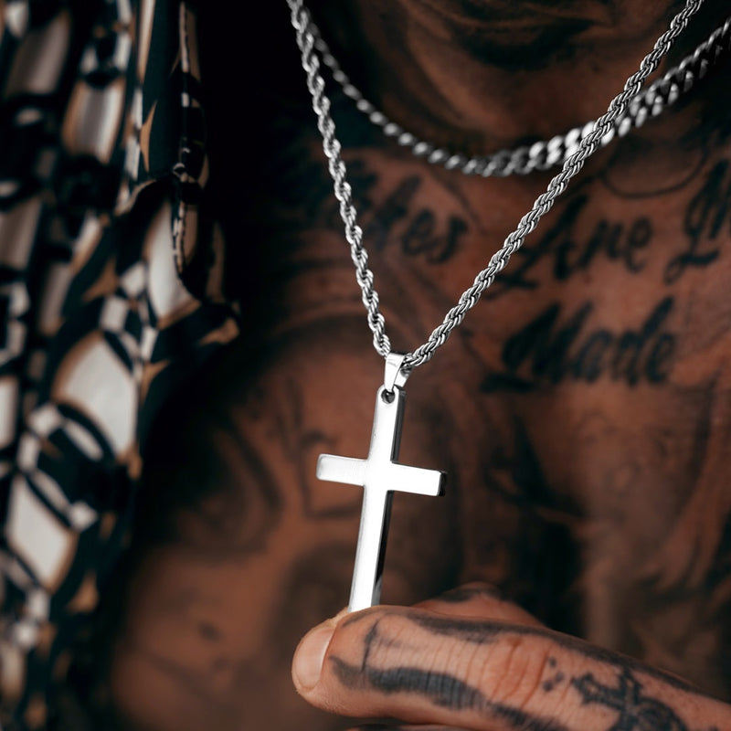 Silver Cross Pendant & Cuban Chain Set - VIRAGE London, 6601