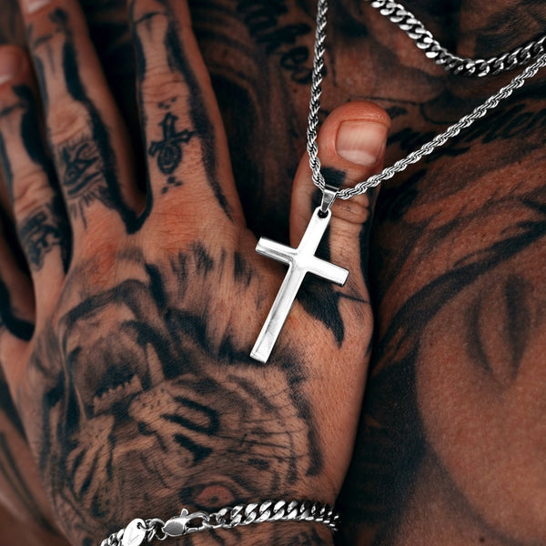 Silver Cross Pendant & Cuban Chain Set - VIRAGE London, 6601