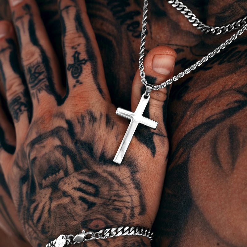 Silver Cross Pendant & Cuban Chain Set - VIRAGE London, 6601