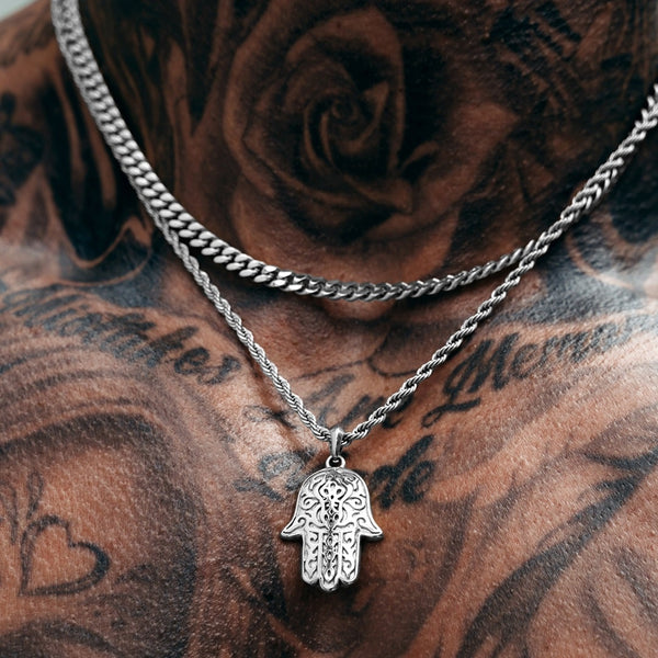 Silver Hamsa Pendant & Cuban Chain Set - VIRAGE London, 5601