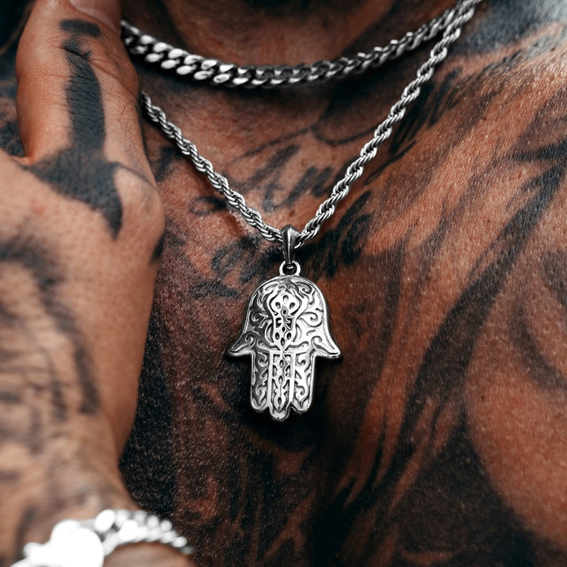 Silver Hamsa Pendant & Cuban Chain Set - VIRAGE London, 5601