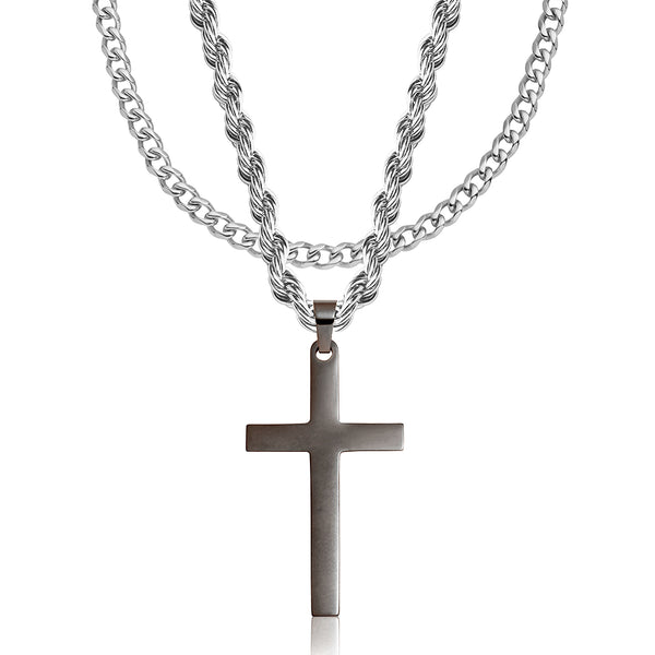 Gun Metal & Silver Cross Pendant & Cuban Chain Set - VIRAGE London, 6801
