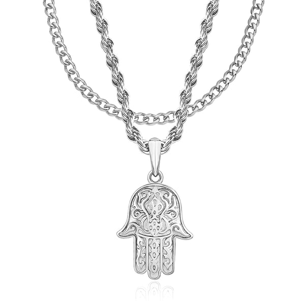 Silver Hamsa Pendant & Cuban Chain Set - VIRAGE London, 5601