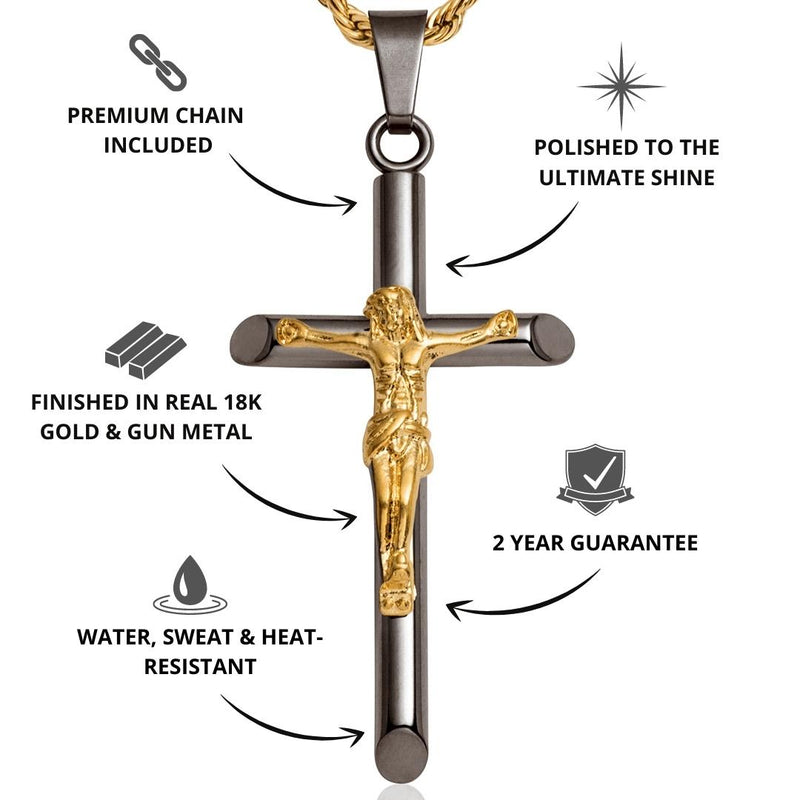 Gun Metal & Gold Crucifix Pendant - USPs - VIRAGE London