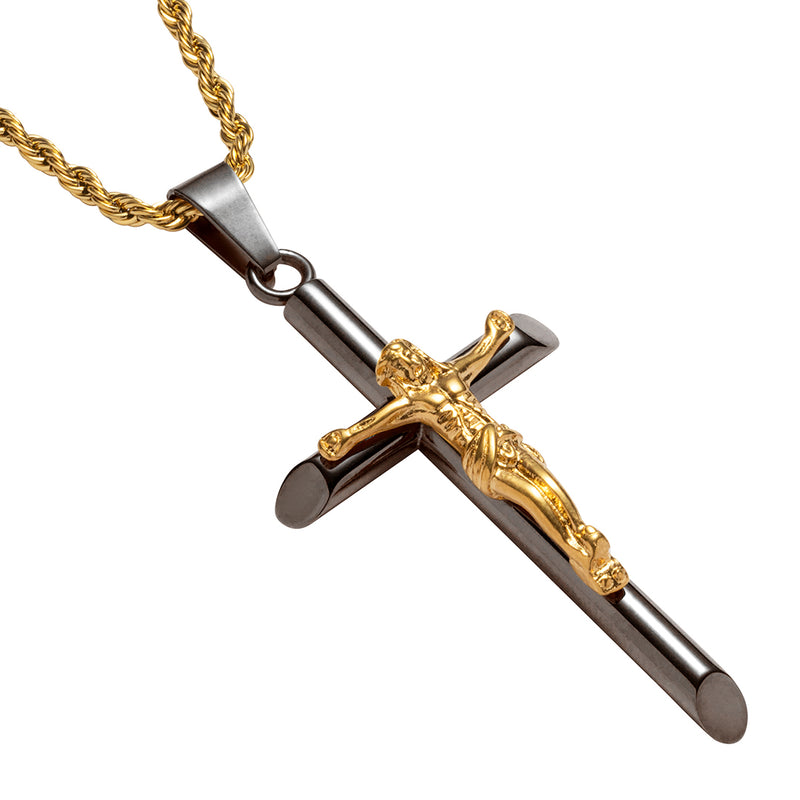 Gun Metal & Gold Crucifix Pendant - VIRAGE London