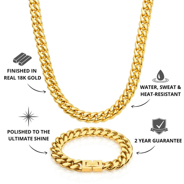 Gold Cuban Chain & Bracelet Set 12mm - USP's - VIRAGE London, 70010001011225