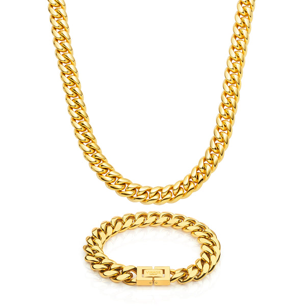 Gold Cuban Chain & Bracelet Set 12mm - VIRAGE London, 70010001011225
