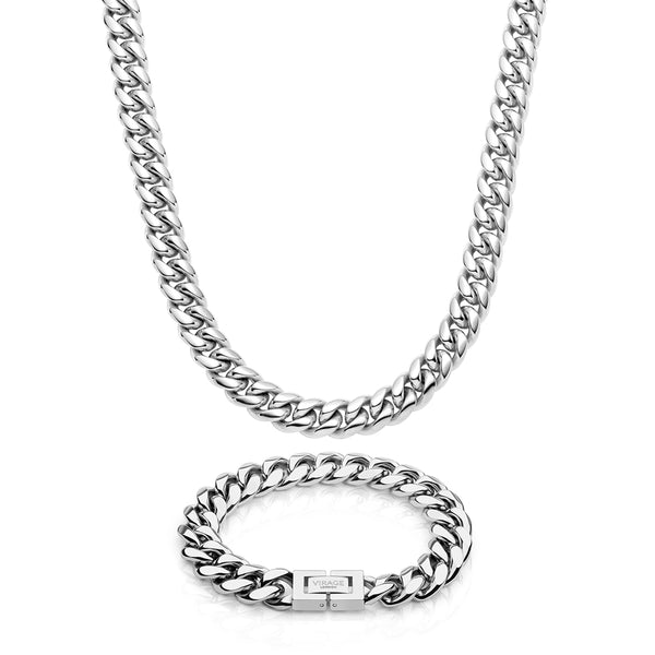 Silver Cuban Chain & Bracelet Set 12mm - VIRAGE London, 70010001021225