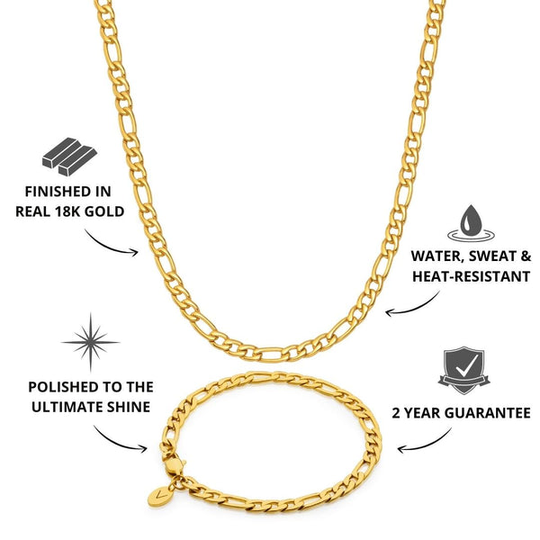Gold Figaro Chain & Bracelet Set 5mm - USP's - VIRAGE London, 70040001010525
