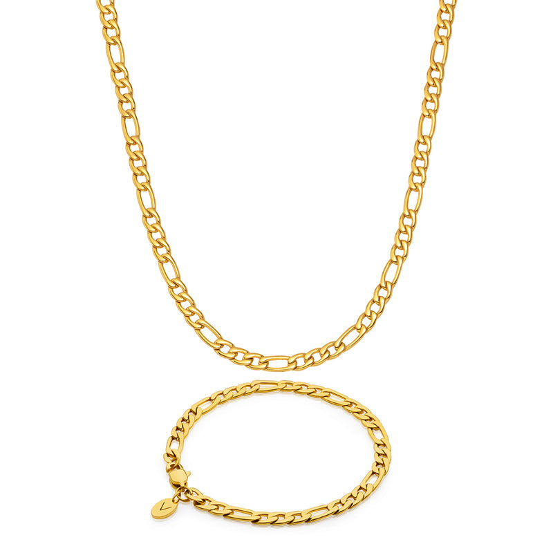 Gold Figaro Chain & Bracelet Set 5mm - VIRAGE London, 70040001010525