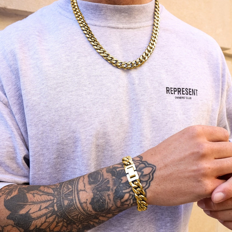 Gold Cuban Chain & Bracelet Set 12mm - VIRAGE London, 70010001011225Gold Cuban Chain & Bracelet Set 12mm - VIRAGE London, 70010001011225